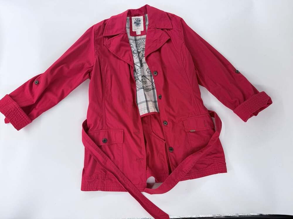 Barbour Red Washed Twill Catherine Short Trench Coat Belted Jacket Size 14